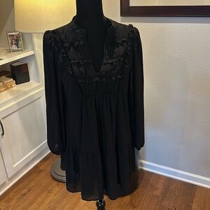 Zara ruffled jacquard‎ dress long sleeved sheer sleeves black medium EUC